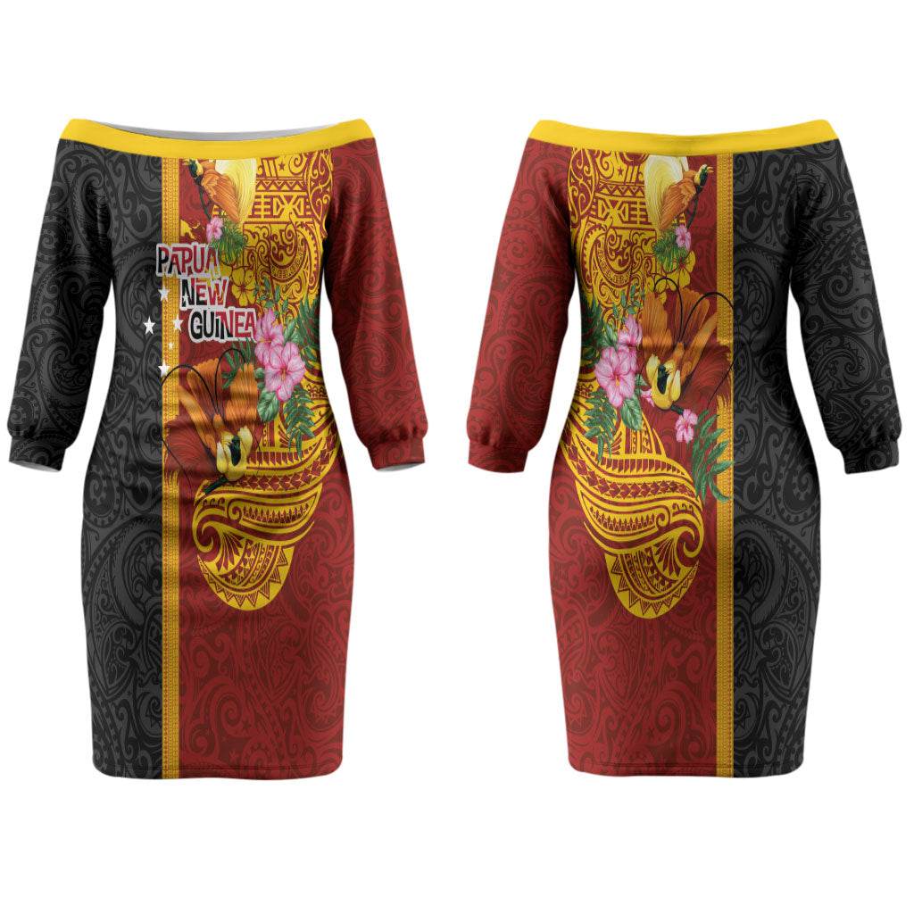 Papua New Guinea Independence Day Couples Matching Off The Shoulder Long Sleeve Dress and Long Sleeve Button Shirt Birds-of-Paradise Melanesian Tattoos Tropical Plants LT03 - Polynesian Pride