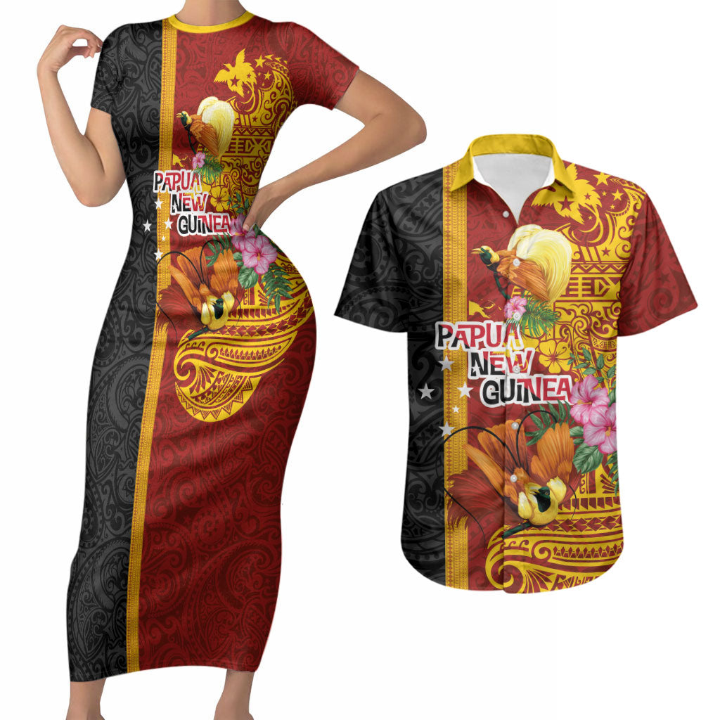 Papua New Guinea Independence Day Couples Matching Short Sleeve Bodycon Dress and Hawaiian Shirt Birds-of-Paradise Melanesian Tattoos Tropical Plants LT03 Multicolor - Polynesian Pride