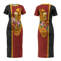 Papua New Guinea Independence Day Couples Matching Short Sleeve Bodycon Dress and Long Sleeve Button Shirt Birds-of-Paradise Melanesian Tattoos Tropical Plants LT03 - Polynesian Pride
