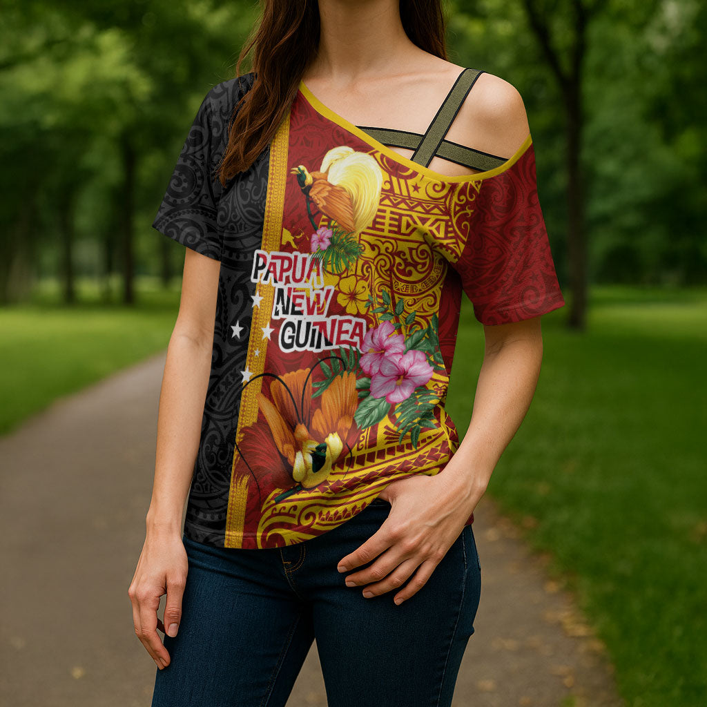 Papua New Guinea Independence Day Cross Shoulder Shirt Birds-of-Paradise Melanesian Tattoos Tropical Plants LT03 - Polynesian Pride