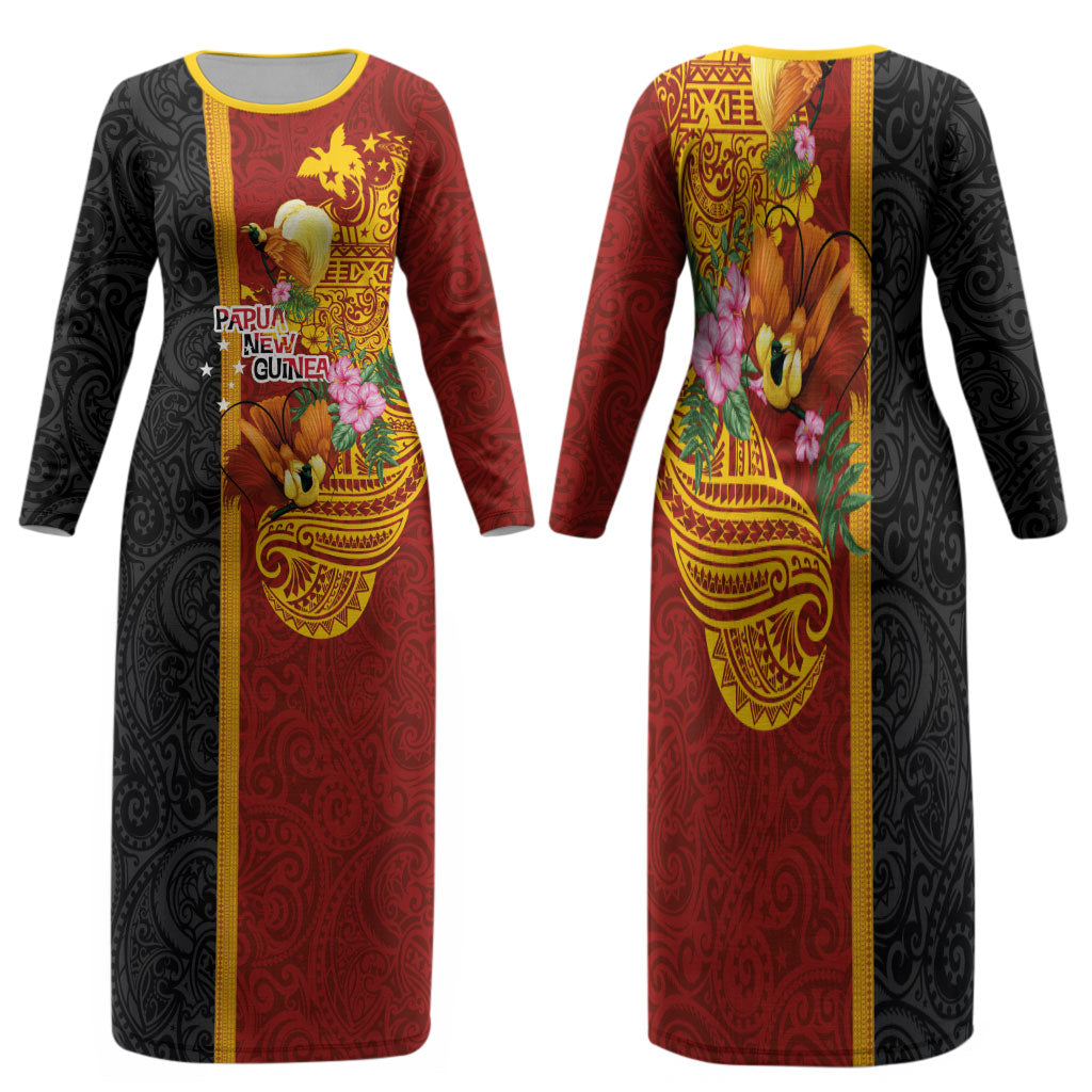 Papua New Guinea Independence Day Family Matching Long Sleeve Bodycon Dress and Hawaiian Shirt Birds-of-Paradise Melanesian Tattoos Tropical Plants LT03 Mom's Dress Multicolor - Polynesian Pride