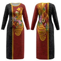 Papua New Guinea Independence Day Family Matching Long Sleeve Bodycon Dress and Hawaiian Shirt Birds-of-Paradise Melanesian Tattoos Tropical Plants LT03 Mom's Dress Multicolor - Polynesian Pride
