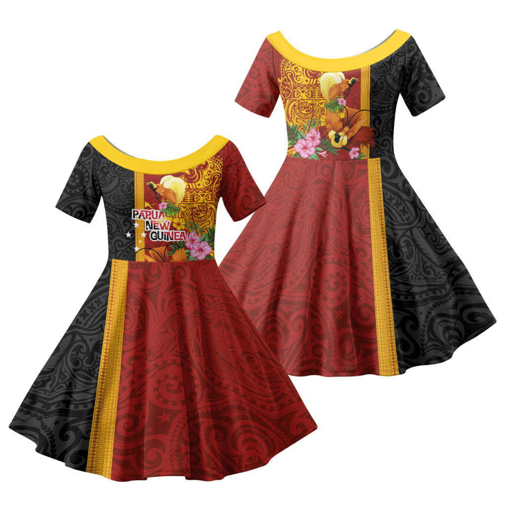 Papua New Guinea Independence Day Family Matching Long Sleeve Bodycon Dress and Hawaiian Shirt Birds-of-Paradise Melanesian Tattoos Tropical Plants LT03 Daughter's Dress Multicolor - Polynesian Pride