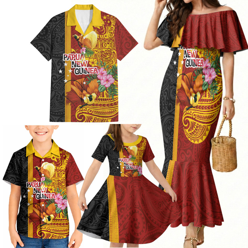 Papua New Guinea Independence Day Family Matching Mermaid Dress and Hawaiian Shirt Birds-of-Paradise Melanesian Tattoos Tropical Plants LT03 - Polynesian Pride