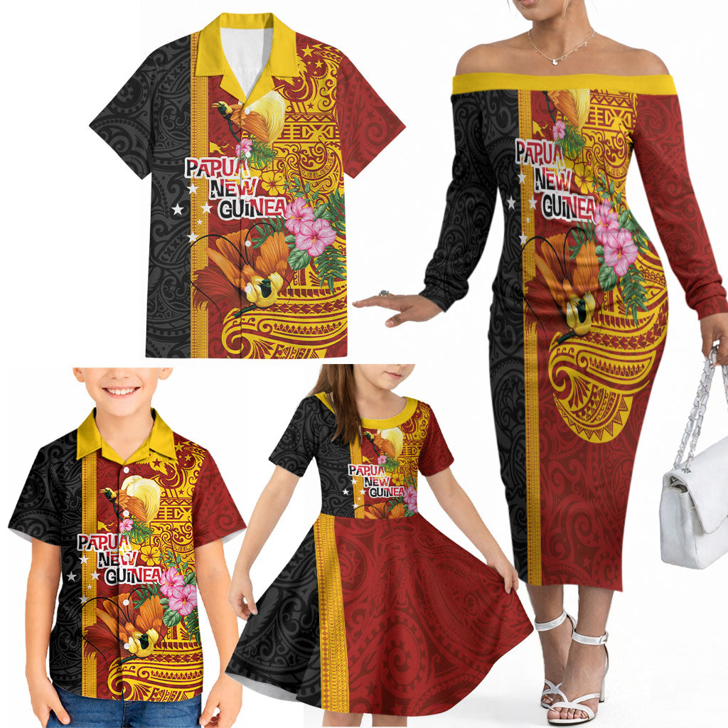 Papua New Guinea Independence Day Family Matching Off The Shoulder Long Sleeve Dress and Hawaiian Shirt Birds-of-Paradise Melanesian Tattoos Tropical Plants LT03 - Polynesian Pride