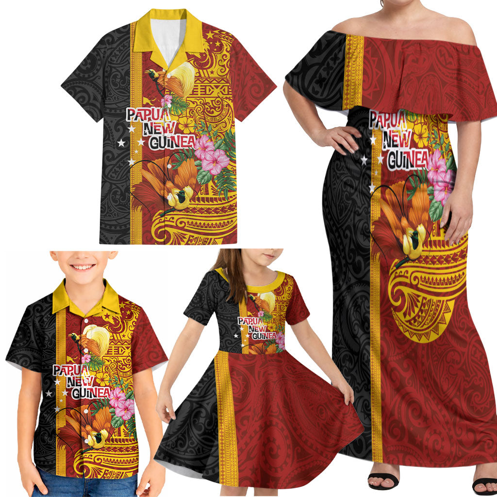 Papua New Guinea Independence Day Family Matching Off Shoulder Maxi Dress and Hawaiian Shirt Birds-of-Paradise Melanesian Tattoos Tropical Plants LT03 - Polynesian Pride