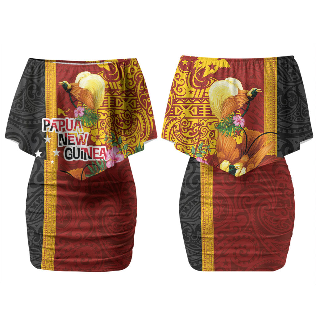 Papua New Guinea Independence Day Family Matching Off Shoulder Short Dress and Hawaiian Shirt Birds-of-Paradise Melanesian Tattoos Tropical Plants LT03 Mom's Dress Multicolor - Polynesian Pride