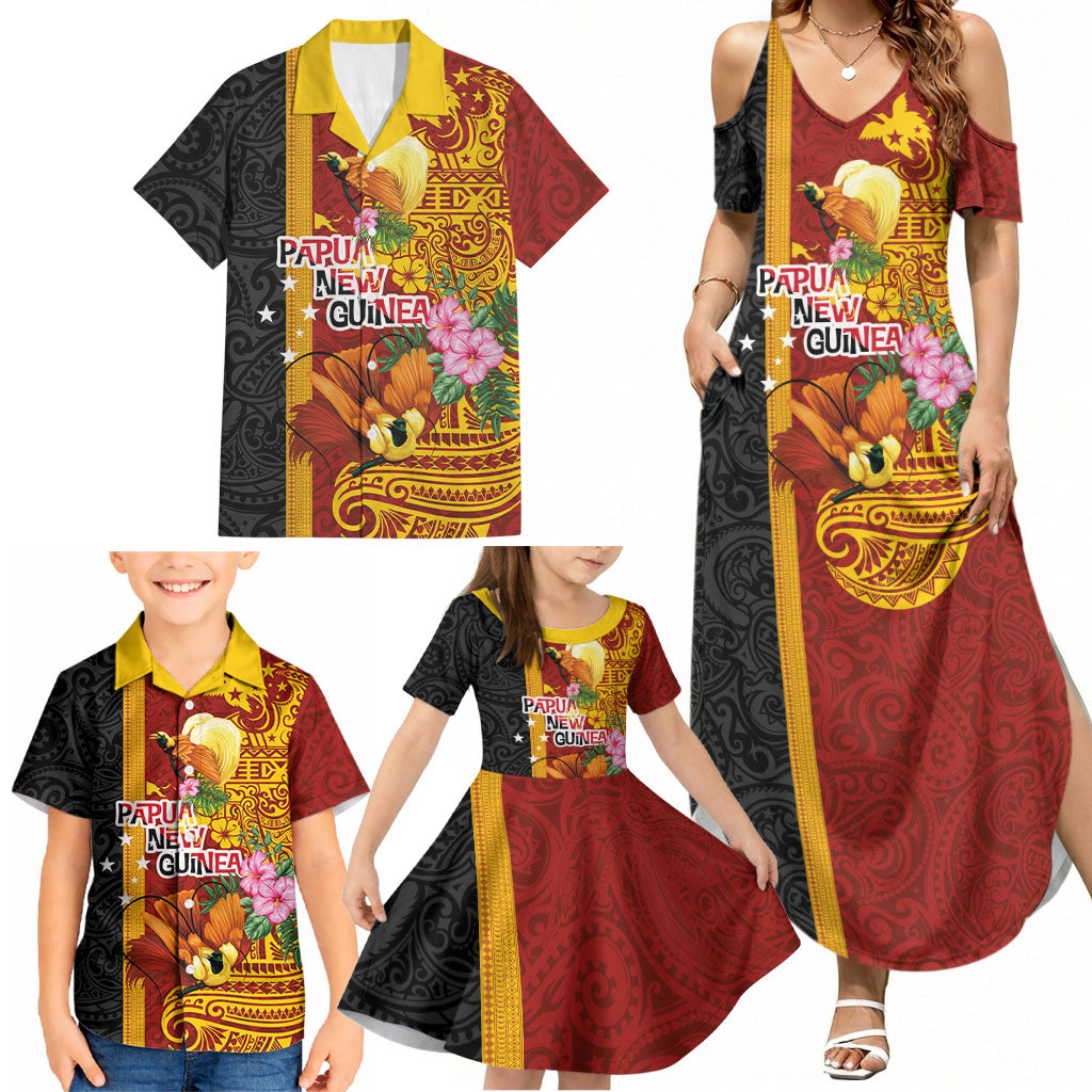 Papua New Guinea Independence Day Family Matching Summer Maxi Dress and Hawaiian Shirt Birds-of-Paradise Melanesian Tattoos Tropical Plants LT03 - Polynesian Pride