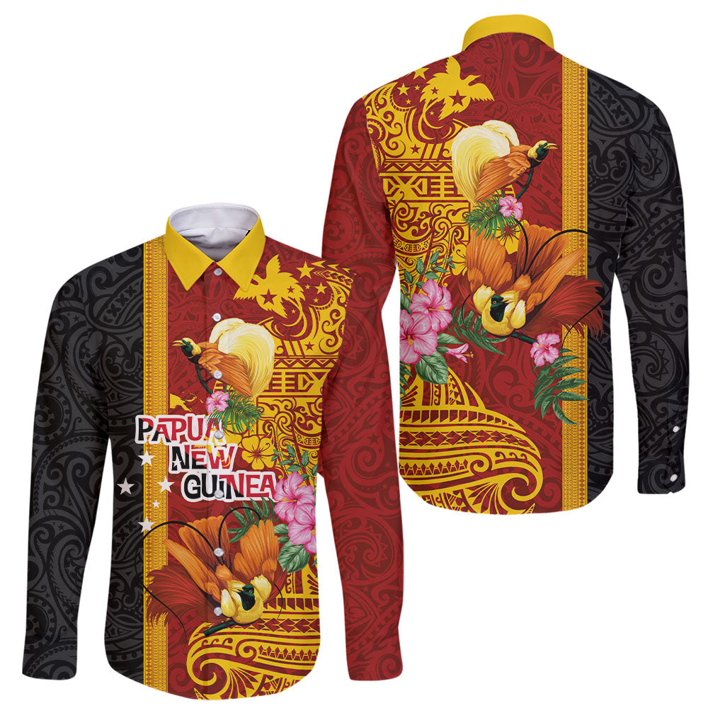 Papua New Guinea Independence Day Family Matching Summer Maxi Dress and Hawaiian Shirt Birds-of-Paradise Melanesian Tattoos Tropical Plants LT03 Dad's Shirt - Long Sleeve Multicolor - Polynesian Pride