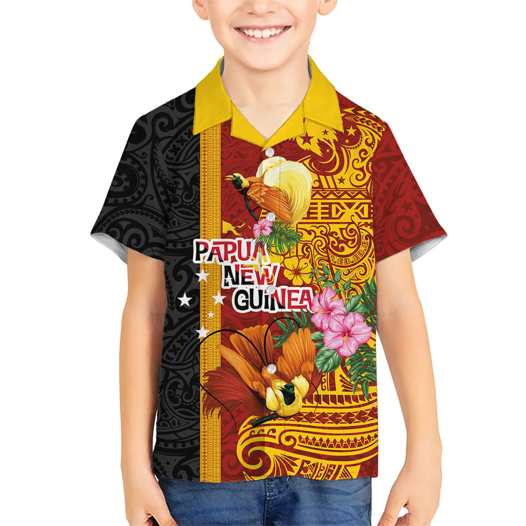 Papua New Guinea Independence Day Kid Hawaiian Shirt Birds-of-Paradise Melanesian Tattoos Tropical Plants LT03 Kid Multicolor - Polynesian Pride