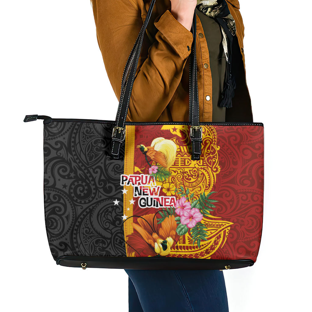 Papua New Guinea Independence Day Leather Tote Bag Birds-of-Paradise Melanesian Tattoos Tropical Plants LT03 - Polynesian Pride