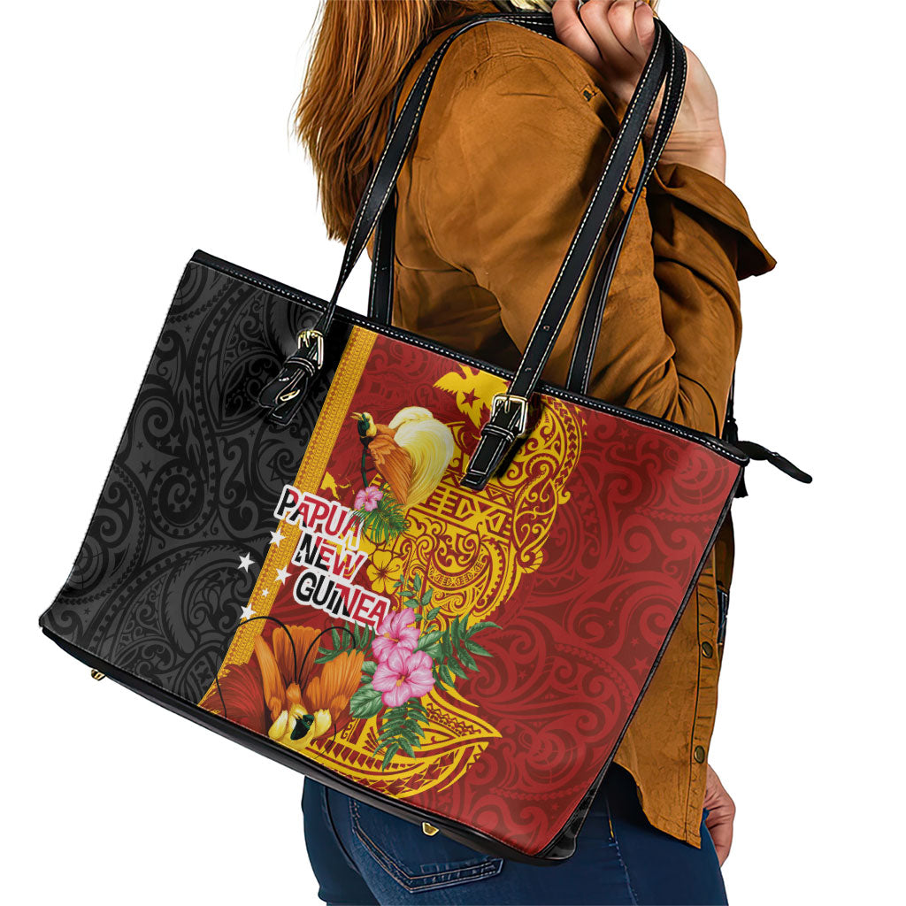 Papua New Guinea Independence Day Leather Tote Bag Birds-of-Paradise Melanesian Tattoos Tropical Plants LT03 - Polynesian Pride