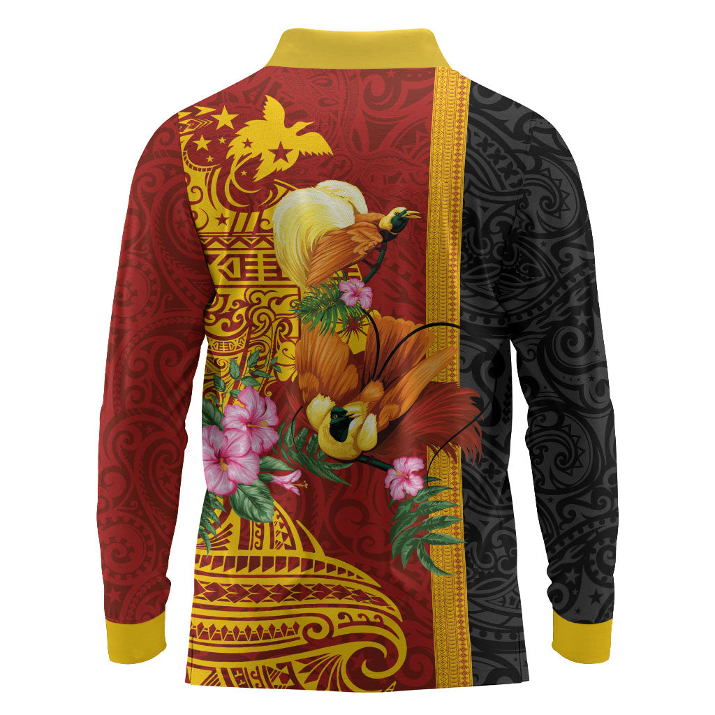 Papua New Guinea Independence Day Long Sleeve Polo Shirt Birds-of-Paradise Melanesian Tattoos Tropical Plants LT03 - Polynesian Pride