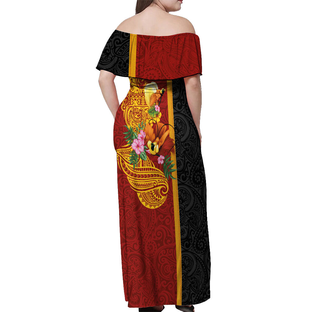 Papua New Guinea Independence Day Off Shoulder Maxi Dress Birds-of-Paradise Melanesian Tattoos Tropical Plants LT03 - Polynesian Pride