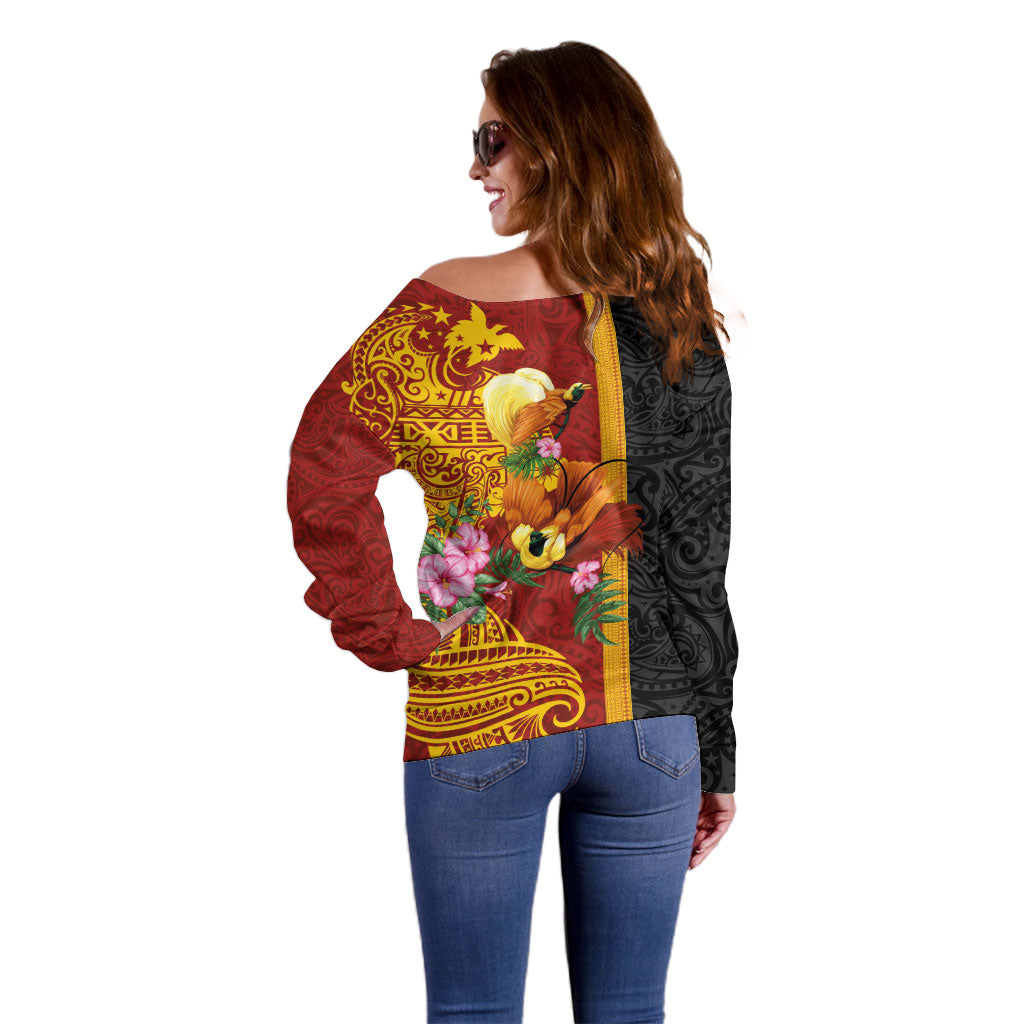 Papua New Guinea Independence Day Off Shoulder Sweater Birds-of-Paradise Melanesian Tattoos Tropical Plants LT03 - Polynesian Pride