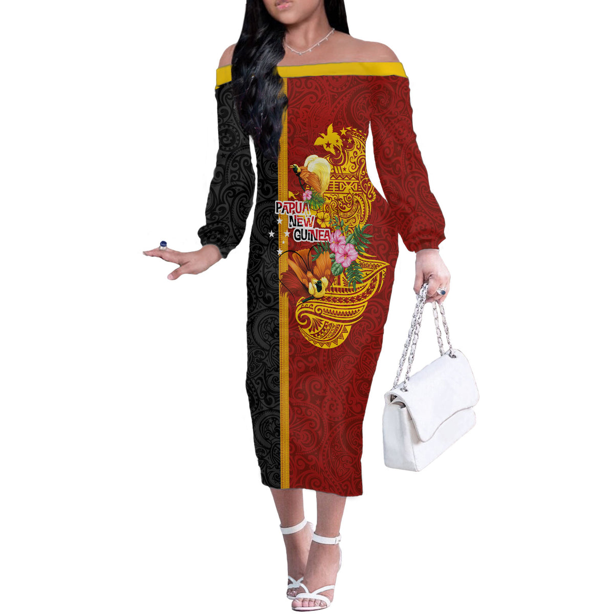 Papua New Guinea Independence Day Off The Shoulder Long Sleeve Dress Birds-of-Paradise Melanesian Tattoos Tropical Plants LT03 Women Multicolor - Polynesian Pride