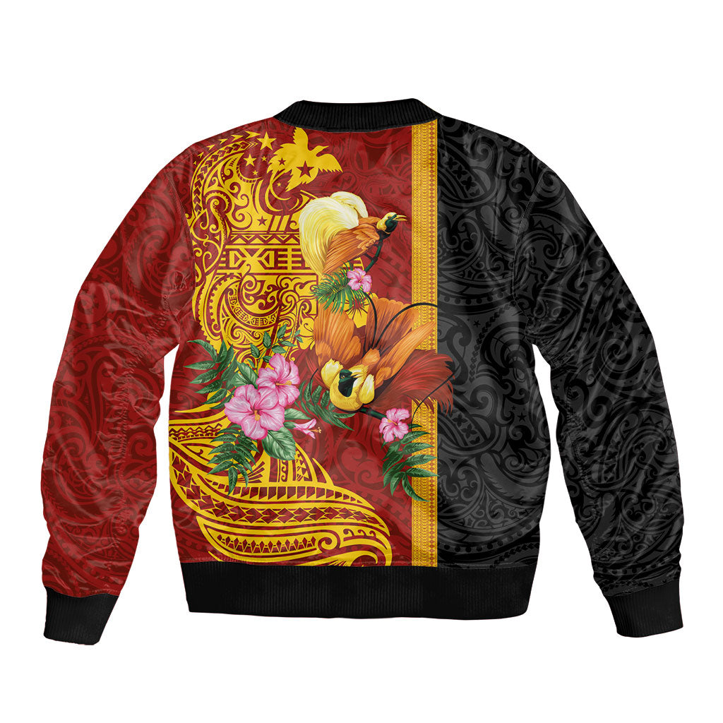 Papua New Guinea Independence Day Sleeve Zip Bomber Jacket Birds-of-Paradise Melanesian Tattoos Tropical Plants LT03 - Polynesian Pride