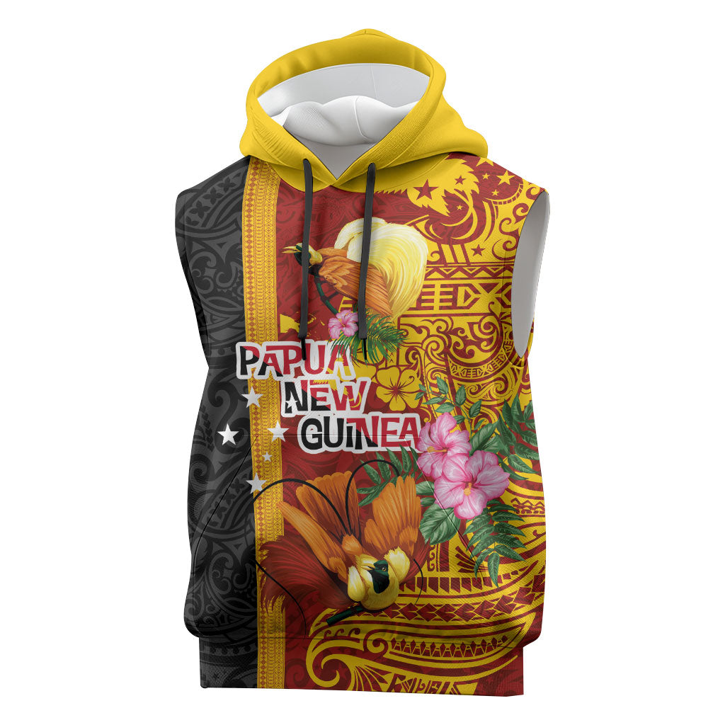 Papua New Guinea Independence Day Sleeveless Hoodie Birds-of-Paradise Melanesian Tattoos Tropical Plants LT03 Multicolor - Polynesian Pride