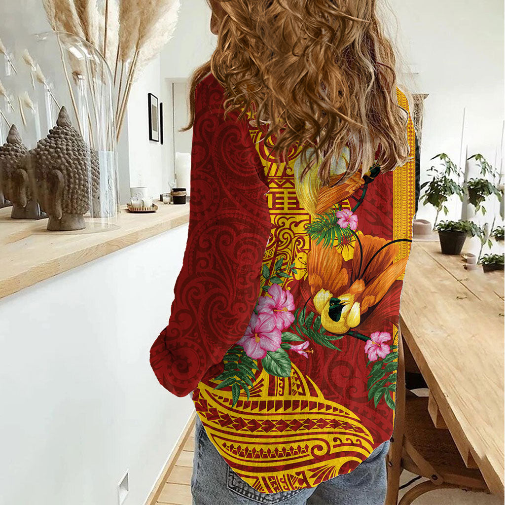 Papua New Guinea Independence Day Women Casual Shirt Birds-of-Paradise Melanesian Tattoos Tropical Plants LT03 - Polynesian Pride