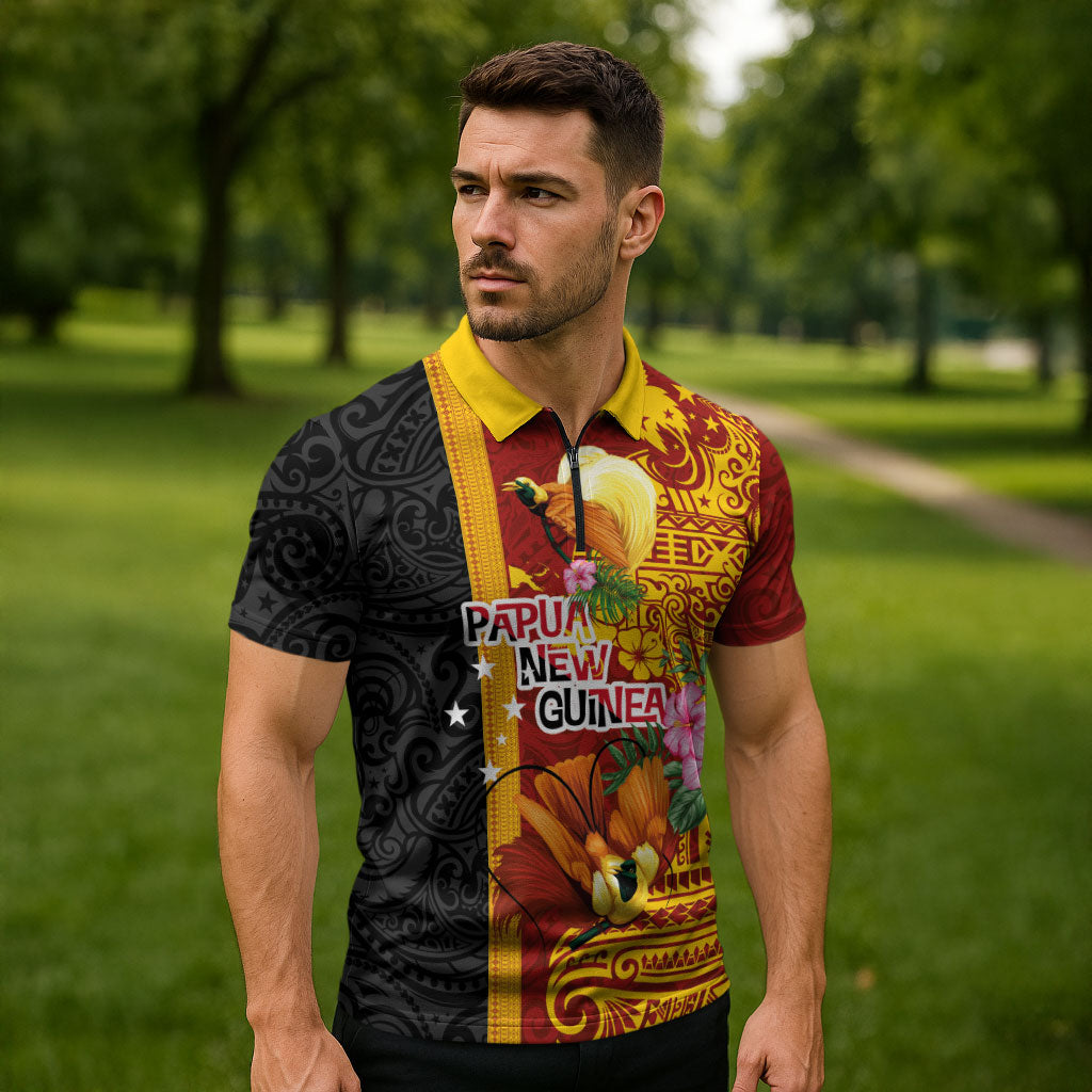 Papua New Guinea Independence Day Zipper Polo Shirt Birds-of-Paradise Melanesian Tattoos Tropical Plants LT03 - Polynesian Pride