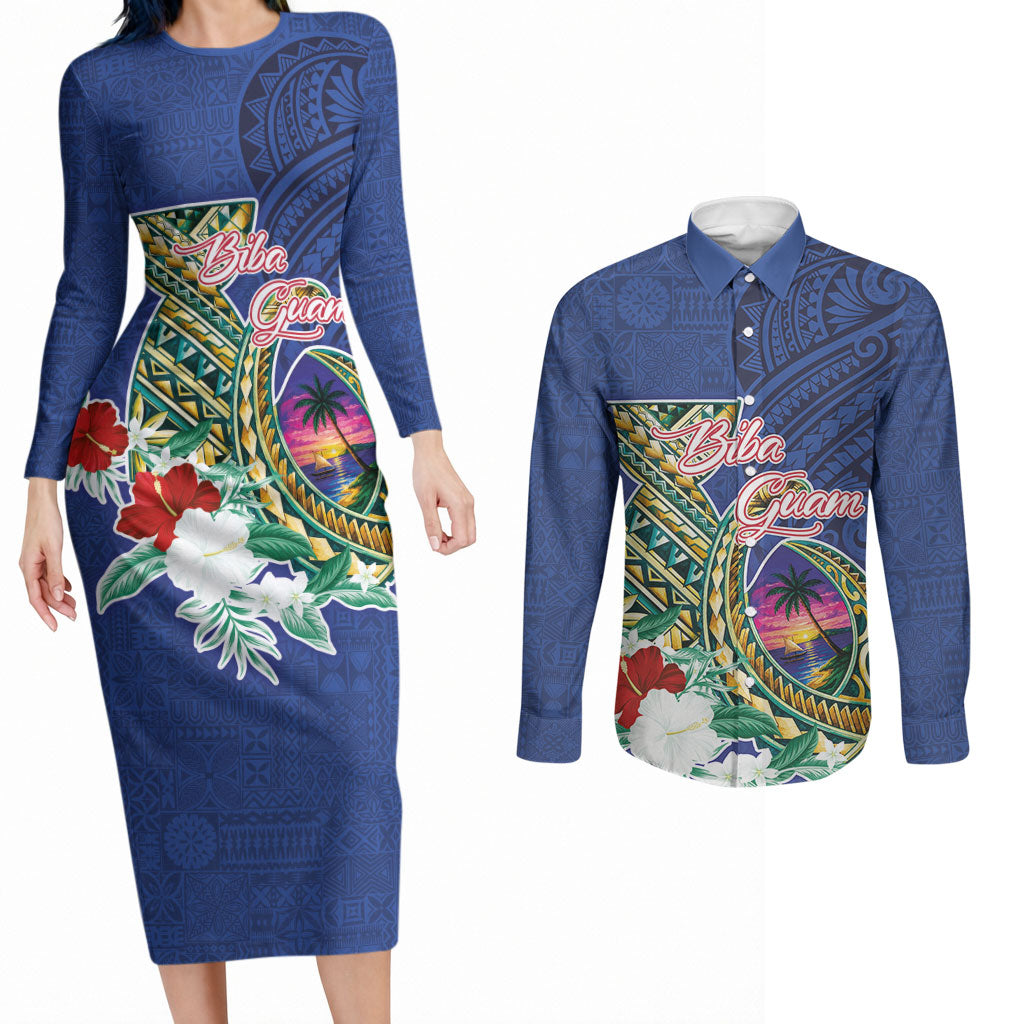 Guam Chamorro Couples Matching Long Sleeve Bodycon Dress and Long Sleeve Button Shirt Tribal Latte Stone and Seal Artwork Polynesian Patterns LT03 Multicolor - Polynesian Pride