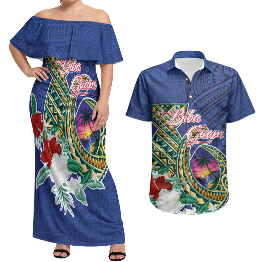 Guam Chamorro Couples Matching Off Shoulder Maxi Dress and Hawaiian Shirt Tribal Latte Stone and Seal Artwork Polynesian Patterns LT03 Multicolor - Polynesian Pride