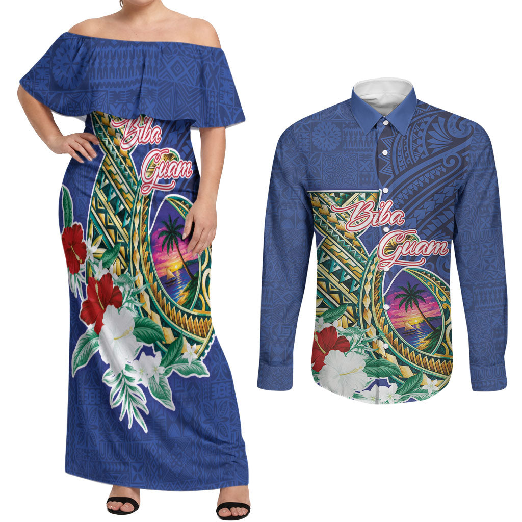 Guam Chamorro Couples Matching Off Shoulder Maxi Dress and Long Sleeve Button Shirt Tribal Latte Stone and Seal Artwork Polynesian Patterns LT03 Multicolor - Polynesian Pride