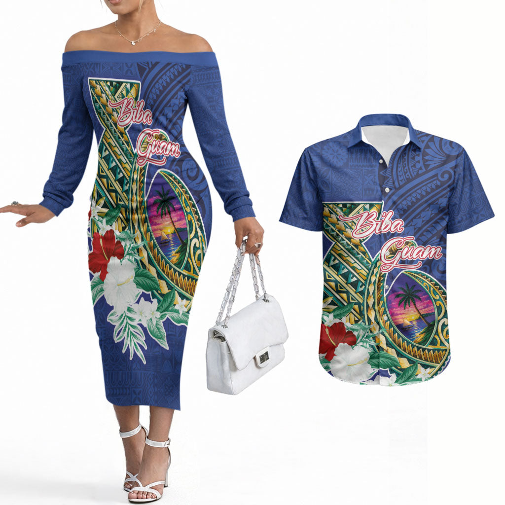 Guam Chamorro Couples Matching Off The Shoulder Long Sleeve Dress and Hawaiian Shirt Tribal Latte Stone and Seal Artwork Polynesian Patterns LT03 Multicolor - Polynesian Pride