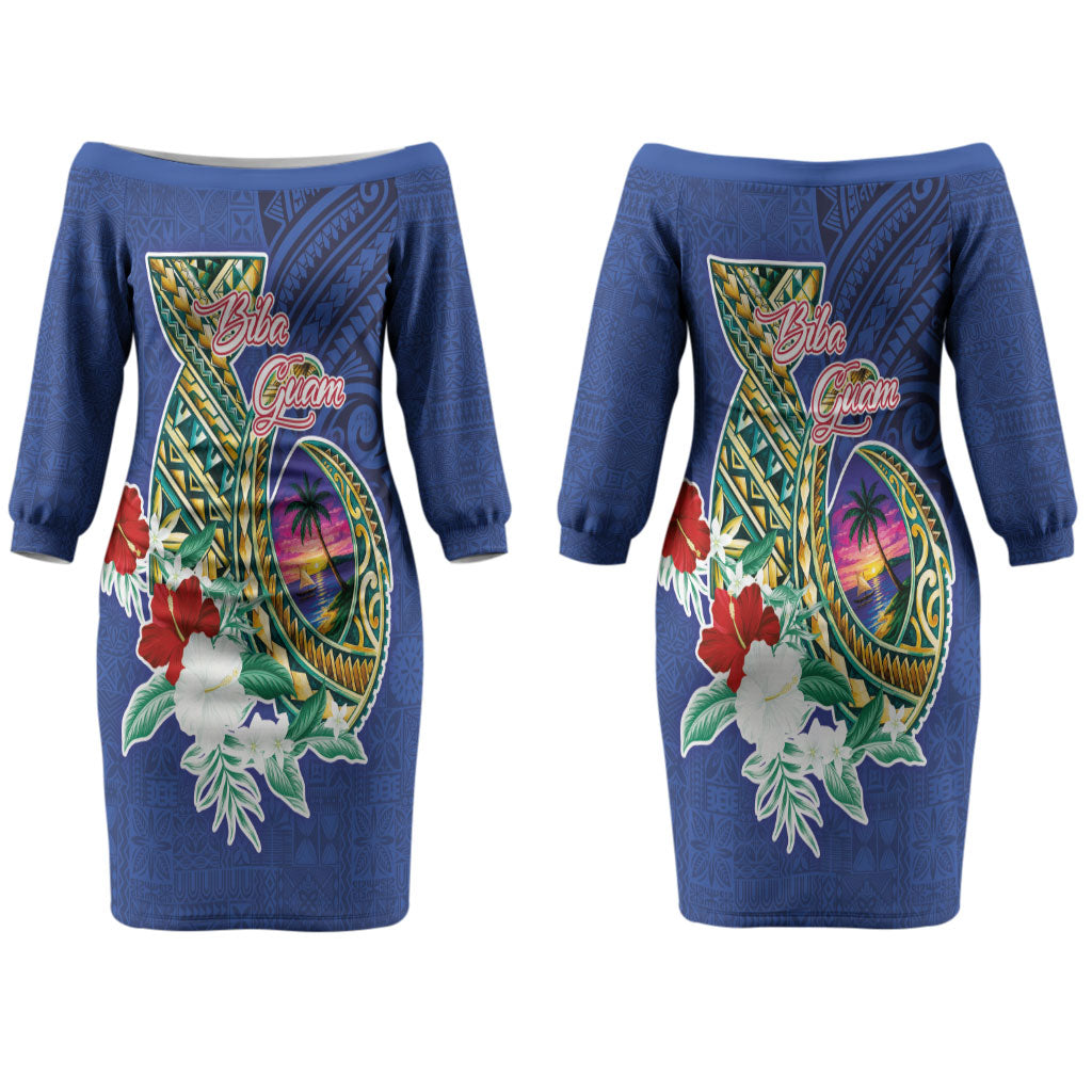 Guam Chamorro Couples Matching Off The Shoulder Long Sleeve Dress and Long Sleeve Button Shirt Tribal Latte Stone and Seal Artwork Polynesian Patterns LT03 - Polynesian Pride