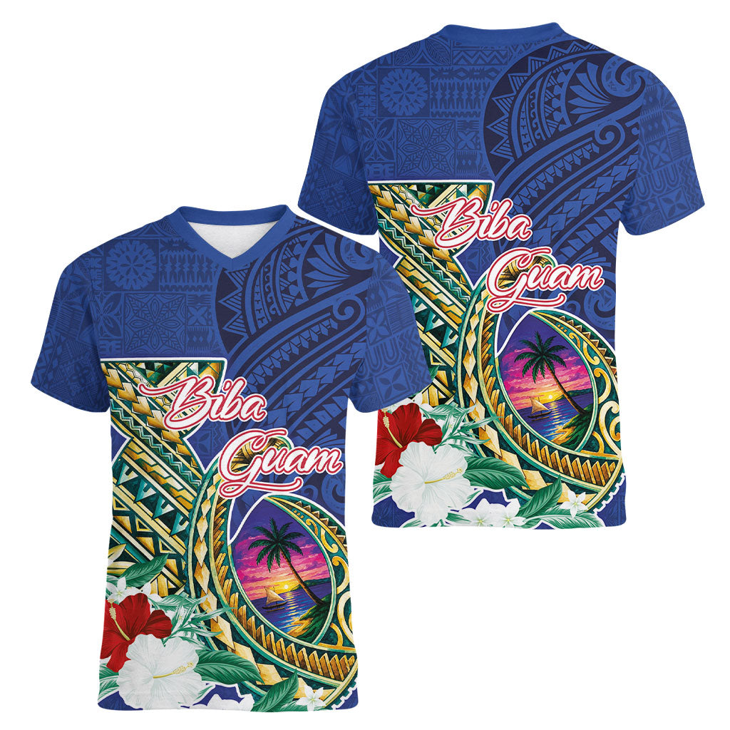 Guam Chamorro Women V-Neck T-Shirt Tribal Latte Stone and Seal Artwork Polynesian Patterns LT03 - Polynesian Pride