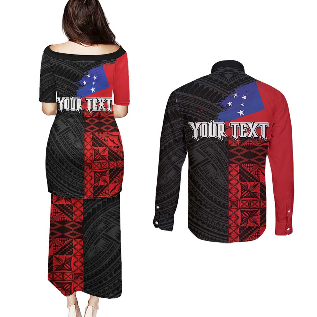 Personalised Samoa 685 Couples Matching Puletasi and Long Sleeve Button Shirt Siapo Pattern and Samoa Flag Design