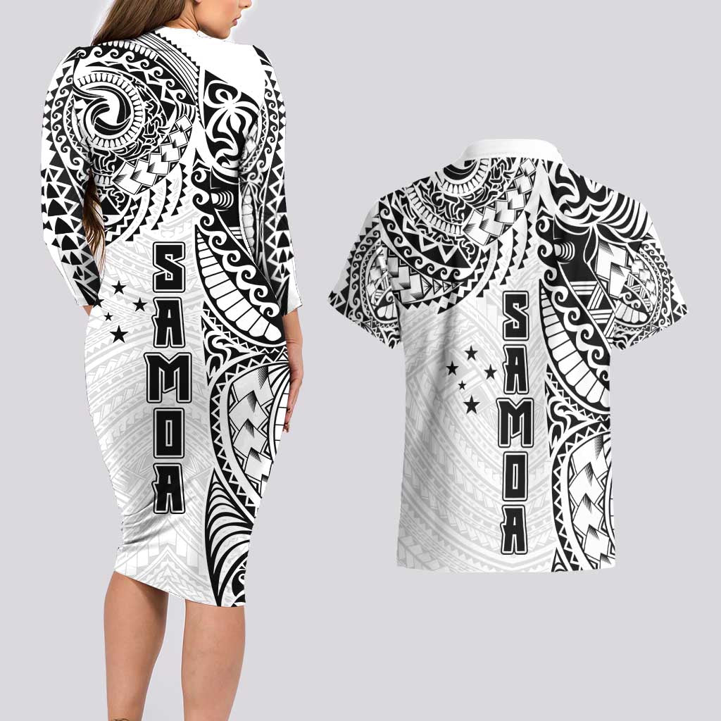 Samoa 685 Art Traditional Tattoo Pattern Couples Matching Long Sleeve Bodycon Dress and Hawaiian Shirt White Color