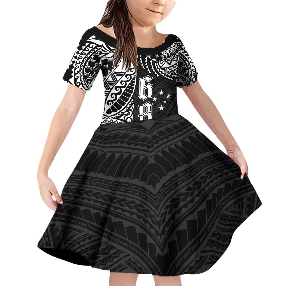 Samoa 685 Art Traditional Tattoo Pattern Family Matching Off Shoulder Short Dress and Hawaiian Shirt Black Color
