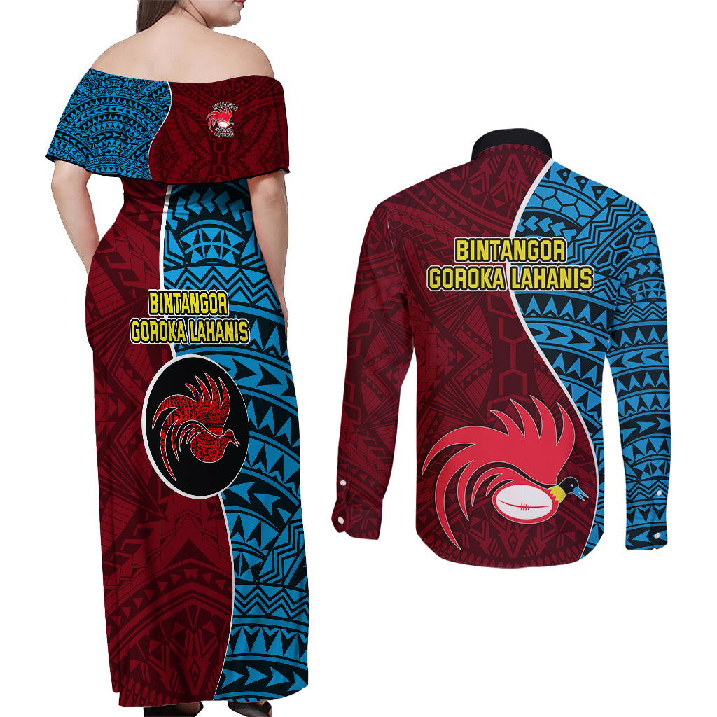 Bintangor Goroka Lahanis Rugby Couples Matching Off Shoulder Maxi Dress and Long Sleeve Button Shirts Papua New Guinea Polynesian Tattoo LT03 - Polynesian Pride