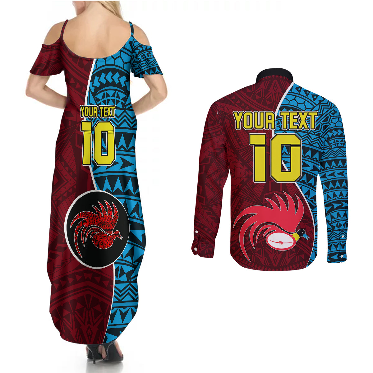 Custom Bintangor Goroka Lahanis Rugby Couples Matching Summer Maxi Dress and Long Sleeve Button Shirts Papua New Guinea Polynesian Tattoo LT03 - Polynesian Pride