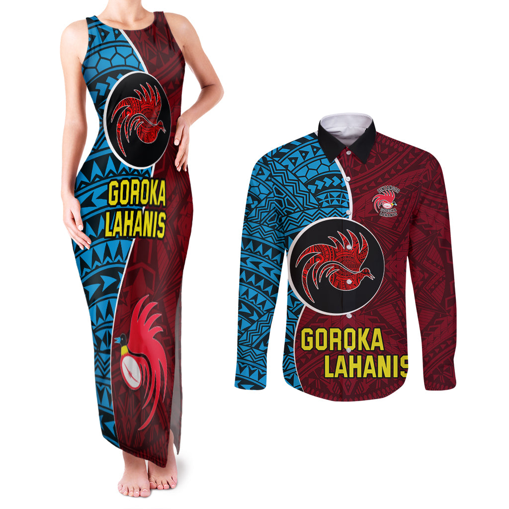 Custom Bintangor Goroka Lahanis Rugby Couples Matching Tank Maxi Dress and Long Sleeve Button Shirts Papua New Guinea Polynesian Tattoo LT03 Red - Polynesian Pride