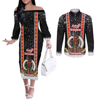 Vanuatu Christmas Couples Matching Off The Shoulder Long Sleeve Dress and Long Sleeve Button Shirts Polynesian Tribal Snow Style LT03 Black - Polynesian Pride