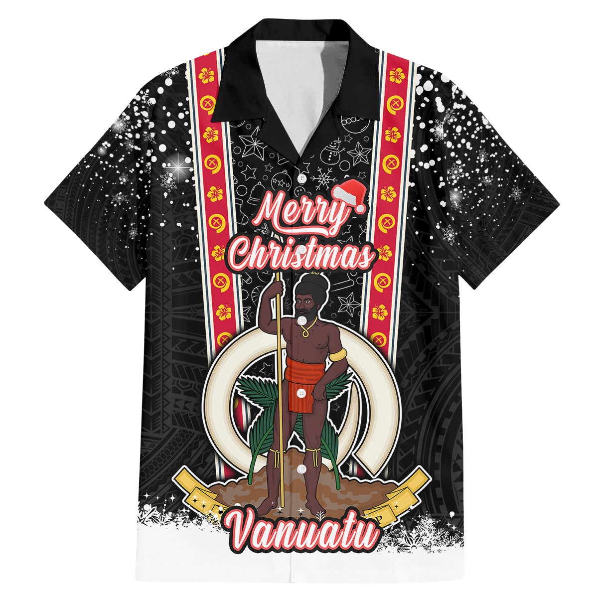 Vanuatu Christmas Family Matching Mermaid Dress and Hawaiian Shirt Polynesian Tribal Snow Style LT03 Dad's Shirt - Short Sleeve Black - Polynesian Pride