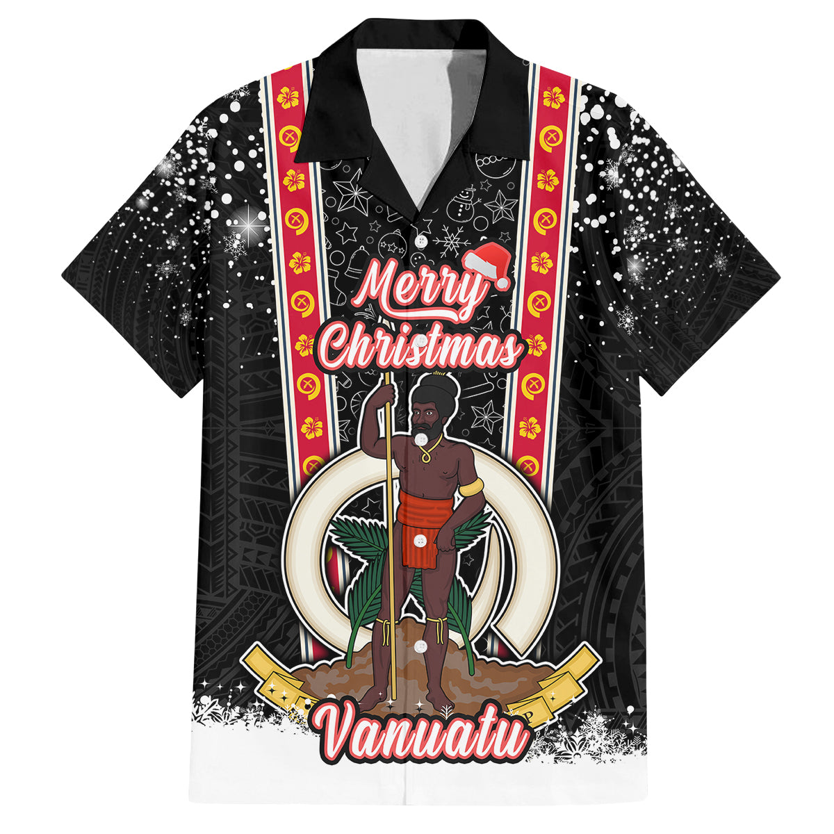 Vanuatu Christmas Family Matching Off Shoulder Maxi Dress and Hawaiian Shirt Polynesian Tribal Snow Style LT03 Dad's Shirt - Short Sleeve Black - Polynesian Pride