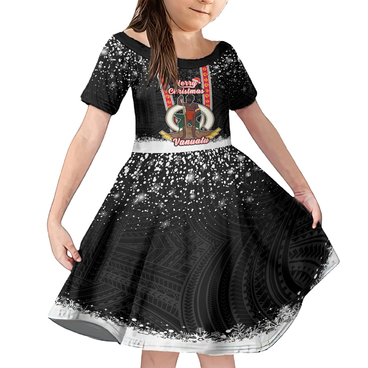 Vanuatu Christmas Kid Short Sleeve Dress Polynesian Tribal Snow Style LT03 KID Black - Polynesian Pride