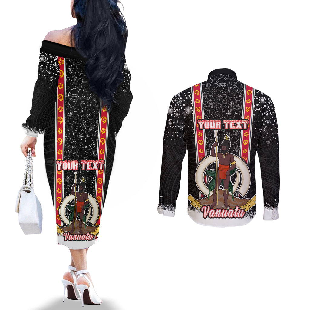 Personalised Vanuatu Christmas Couples Matching Off The Shoulder Long Sleeve Dress and Long Sleeve Button Shirts Polynesian Tribal Snow Style LT03 - Polynesian Pride