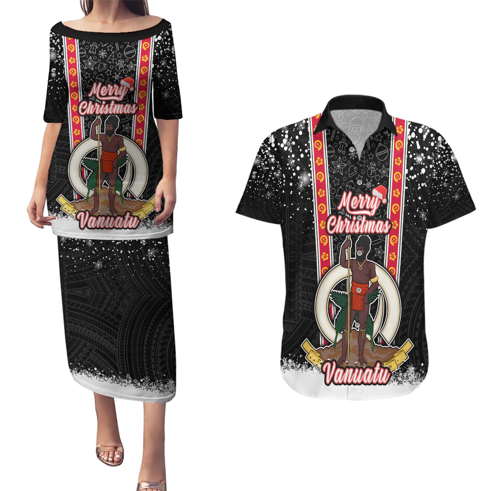 Personalised Vanuatu Christmas Couples Matching Puletasi Dress and Hawaiian Shirt Polynesian Tribal Snow Style LT03 Black - Polynesian Pride