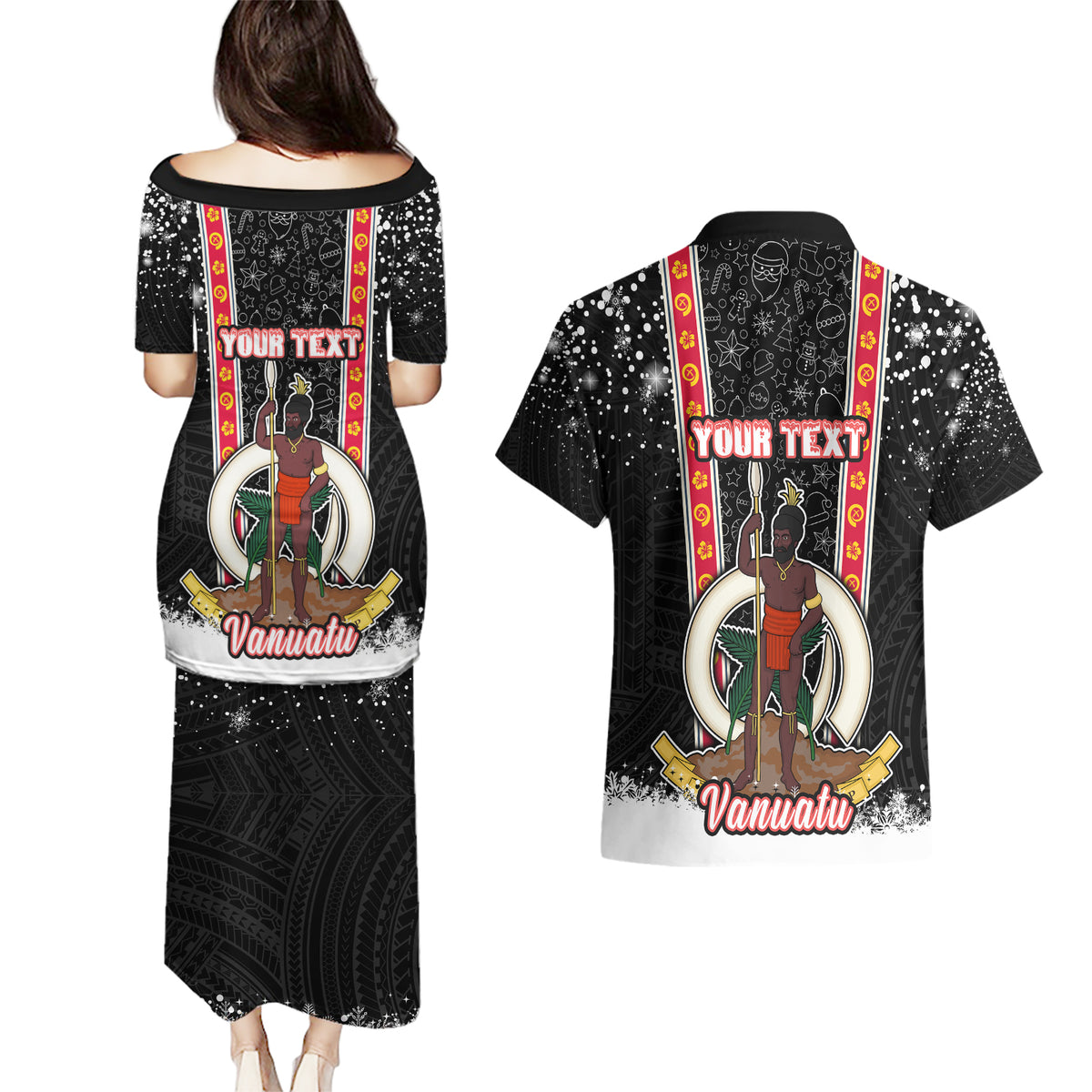 Personalised Vanuatu Christmas Couples Matching Puletasi Dress and Hawaiian Shirt Polynesian Tribal Snow Style LT03 - Polynesian Pride