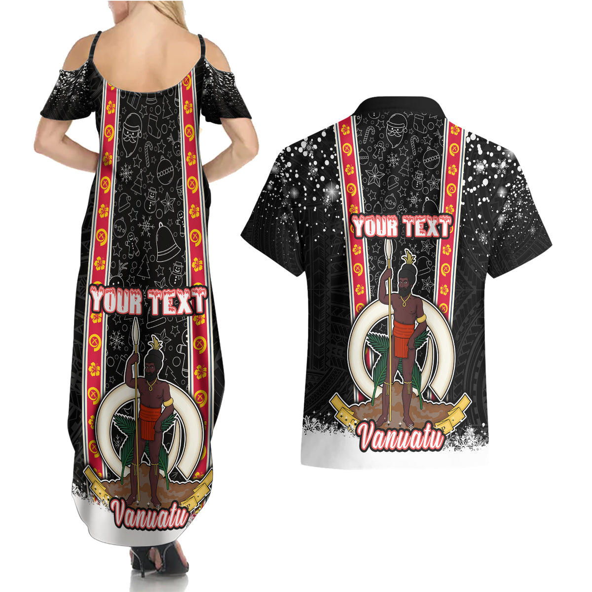 Personalised Vanuatu Christmas Couples Matching Summer Maxi Dress and Hawaiian Shirt Polynesian Tribal Snow Style LT03 - Polynesian Pride