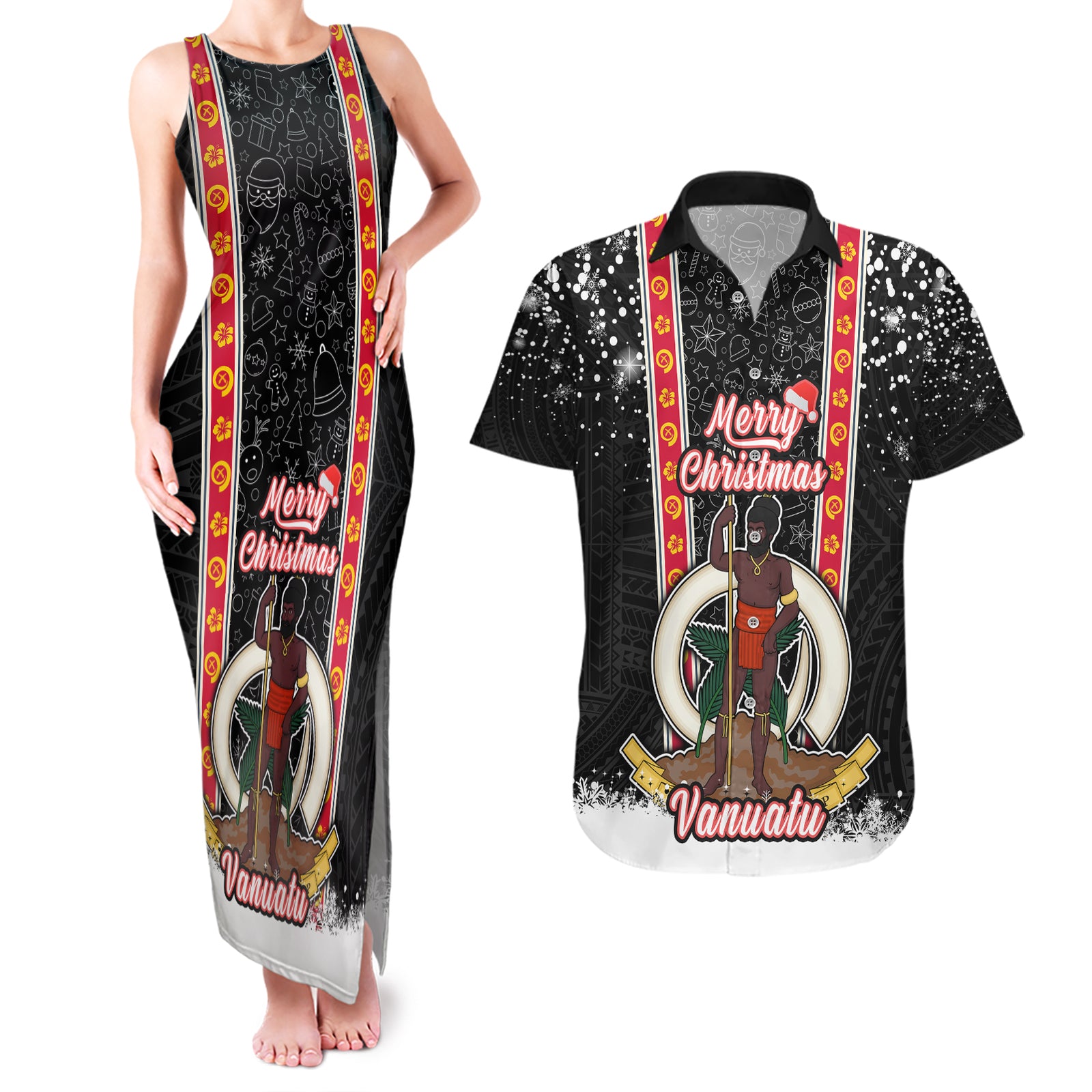 Personalised Vanuatu Christmas Couples Matching Tank Maxi Dress and Hawaiian Shirt Polynesian Tribal Snow Style LT03 Black - Polynesian Pride