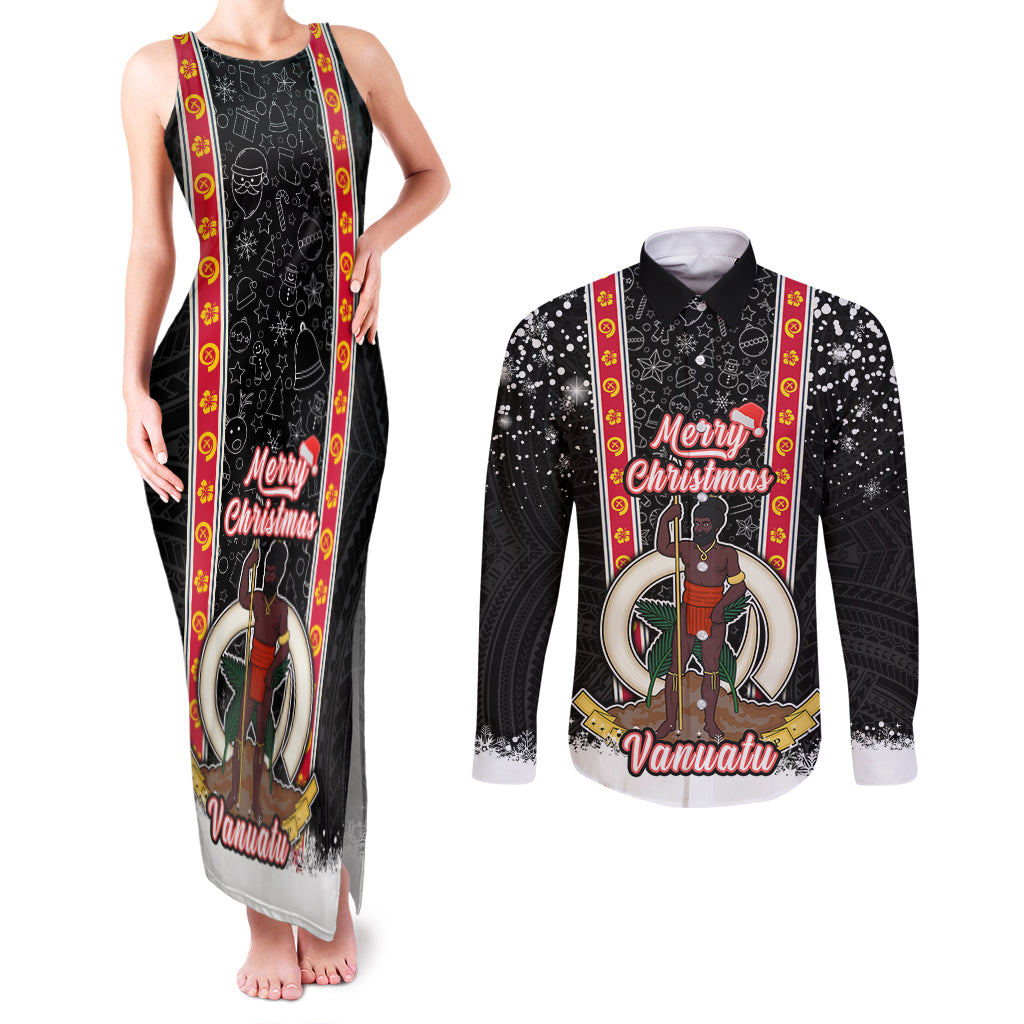 Personalised Vanuatu Christmas Couples Matching Tank Maxi Dress and Long Sleeve Button Shirts Polynesian Tribal Snow Style LT03 Black - Polynesian Pride