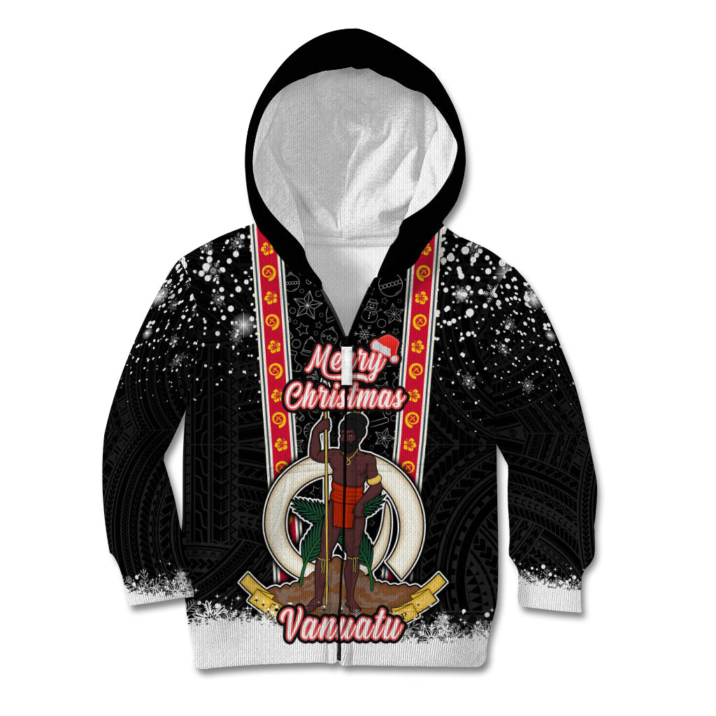 Personalised Vanuatu Christmas Kid Hoodie Polynesian Tribal Snow Style LT03 Zip Hoodie Black - Polynesian Pride