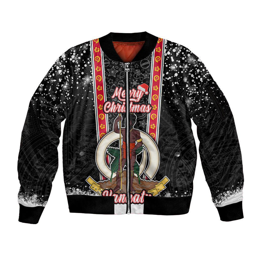 Personalised Vanuatu Christmas Sleeve Zip Bomber Jacket Polynesian Tribal Snow Style LT03 Unisex Black - Polynesian Pride