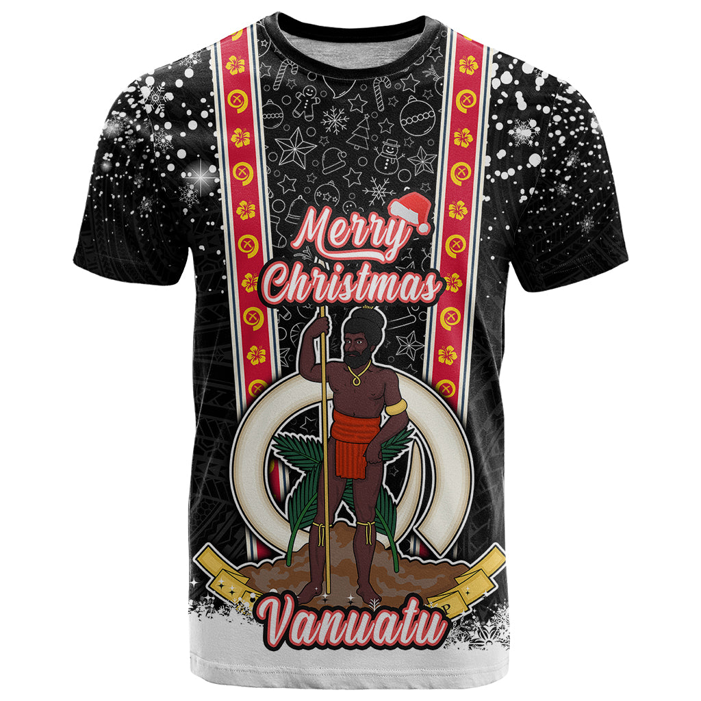 Personalised Vanuatu Christmas T Shirt Polynesian Tribal Snow Style LT03 Black - Polynesian Pride