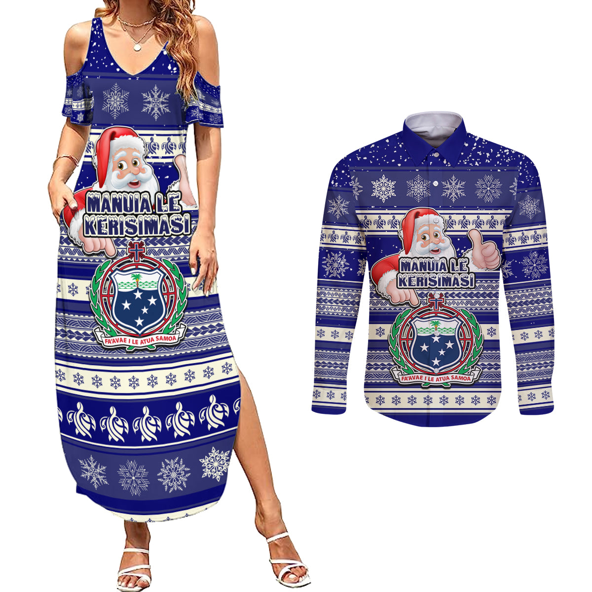 Samoa Christmas Couples Matching Summer Maxi Dress and Long Sleeve Button Shirts The Santa Coat of Arms with Samoa Bracelet Pattern LT03 Blue - Polynesian Pride